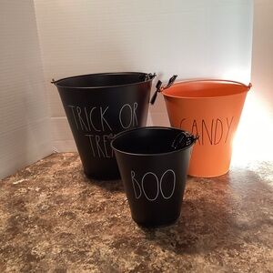 NEW 2022 Black & Orange Rae Dunn Halloween Metal Pail Bucket (set of 3)